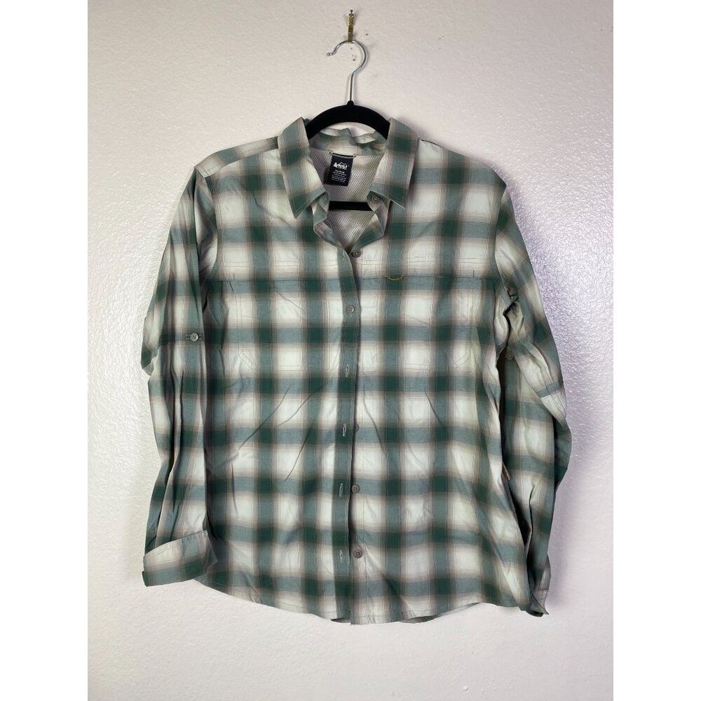 REI Co-Op Womens Long sleeve Vented Top Medium Green Button Up Size Medium Camp